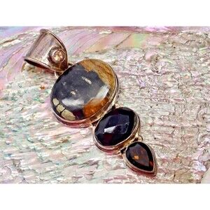 Sterling Silver Triple Gemstone Amethyst Smoky Topaz Agate Pendant 3" 30 gr .925